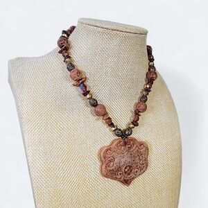 Chico's Stone Bead Medallion Earth Tones Pendant Necklace